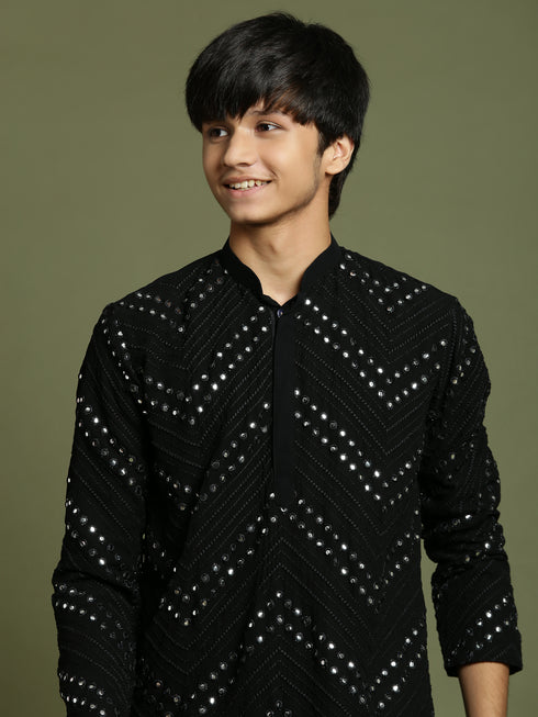 Boy's Black Mirror Work Georgette Kurta And Pyjama Set